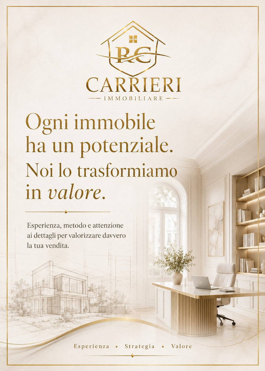 Locandina Carrieri Immobiliare: “Ogni immobile ha un potenziale. Noi lo trasformiamo in valore. Esperienza, metodo e attenzione ai dettagli per valorizzare davvero la tua vendita.” Esperienza · Strategia · Valore