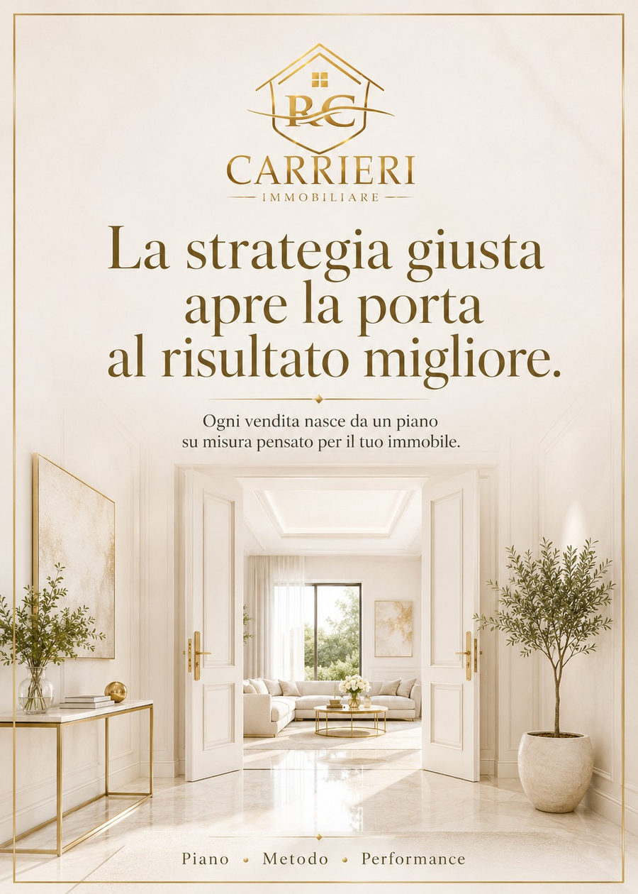 Locandina Carrieri Immobiliare: “La strategia giusta apre la porta al risultato migliore. Ogni vendita nasce da un piano su misura pensato per il tuo immobile.” Piano · Metodo · Performance